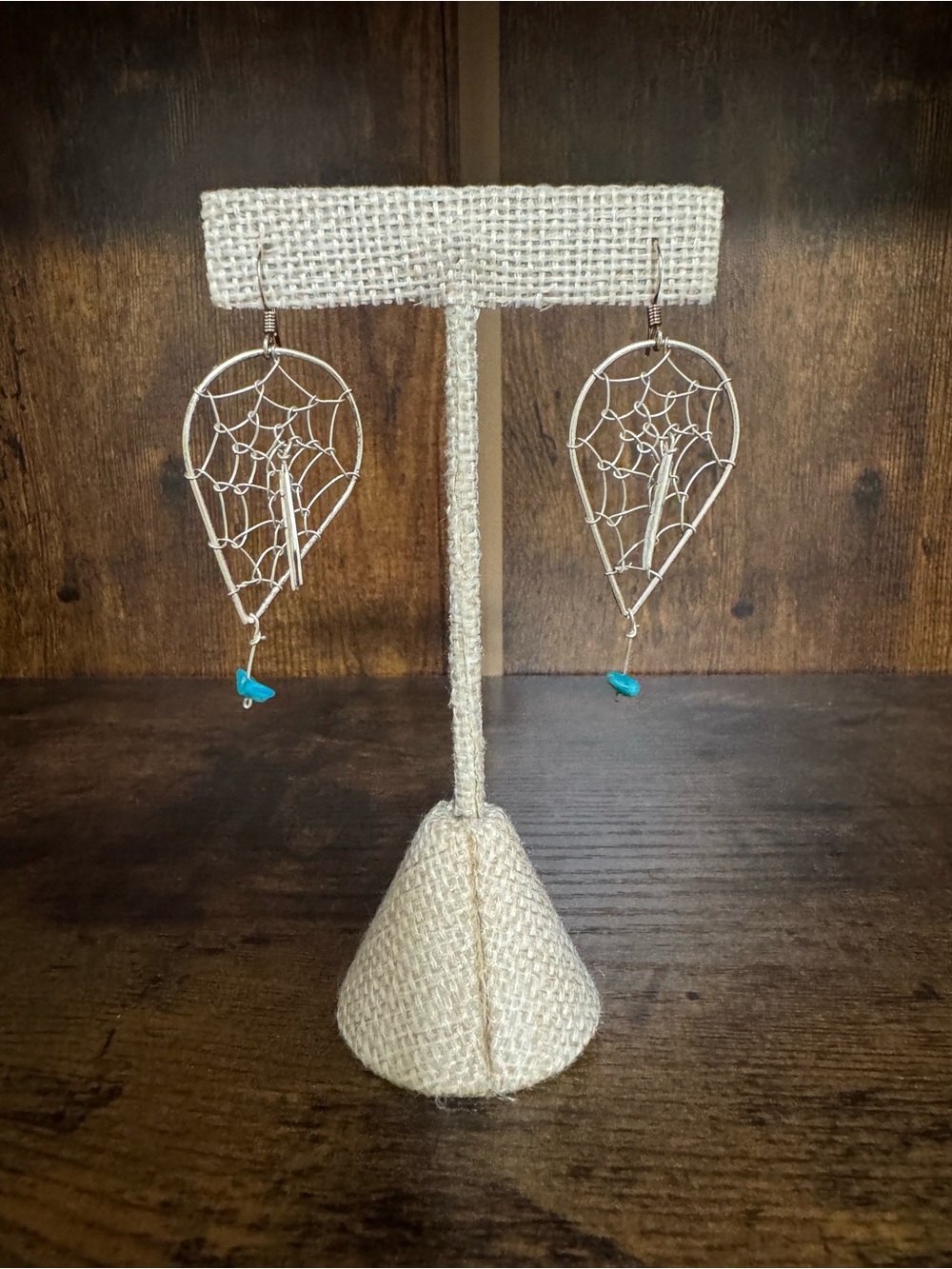 Native American Sterling Silver Turquoise Dream Catcher Earrings